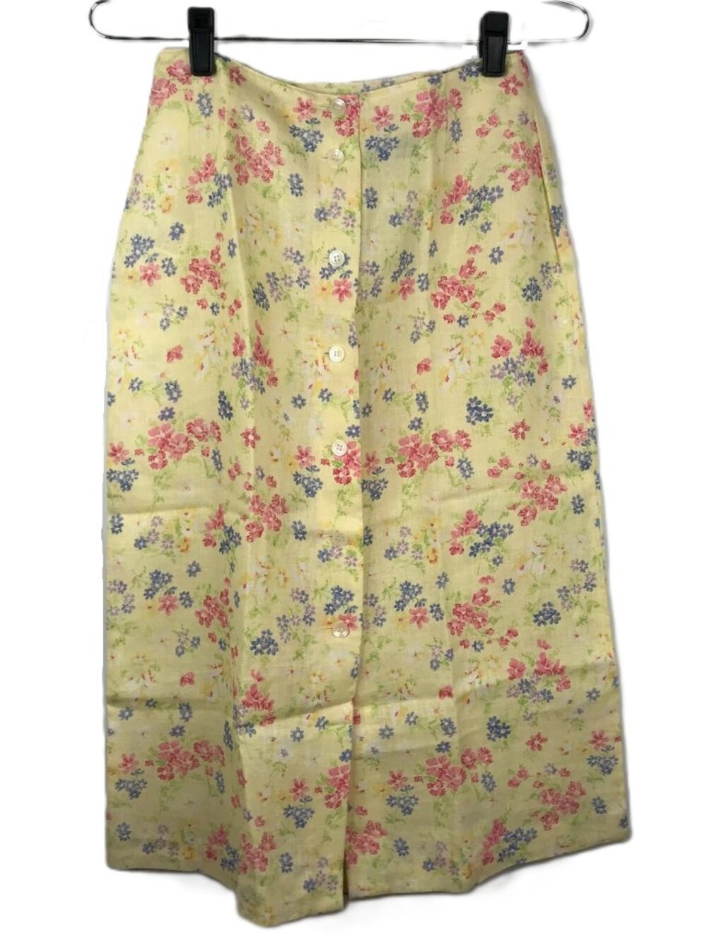 Vintage 80s Liz Sport Midi Skirt Size 8 PETITE Yellow Floral Linen Button Front
